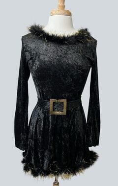 Vtg 80s California Costume Co Witchy Witch Black Velvet Feather Dress Adult M